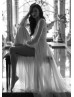 Long Sleeves Ivory Lace Chiffon High Slit Flowing Wedding Dress